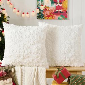 Volcanics Christmas Pillow Covers 18x18 Set of 2, Soft Fluffy Faux Fur White Throw Pillow Cases with 3D Snowflake Embroidery for Sofa, Couch, Bedroom, Holiday Home Dcor