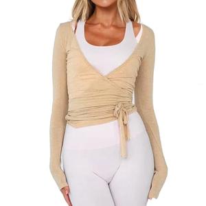 Women Wrap Tie Top Y2k Long SLeeve Ballet Workout Yoga Shirt Coquette Blouses (US, Alpha, Regular, Regular, Khaki), Size Small