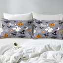 Gothic Spooky Bed Sheet Set Pumpkin Lantern Bedding Set for Kids Boys Teens, Ghost Spider Web Fitted Sheet Black Bat Cat Cobwebs Halloween Decor King Size Grey
