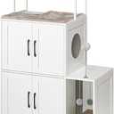 HOOBRO Litter Box Enclosure, Litter Box Furniture with Storage, 2-in-1 Hidden Cat Furniture with Shelf, 2 Dangling Plush Balls and 1 Toy Ball, Large Wooden Cat Washroom, White WT78MW01