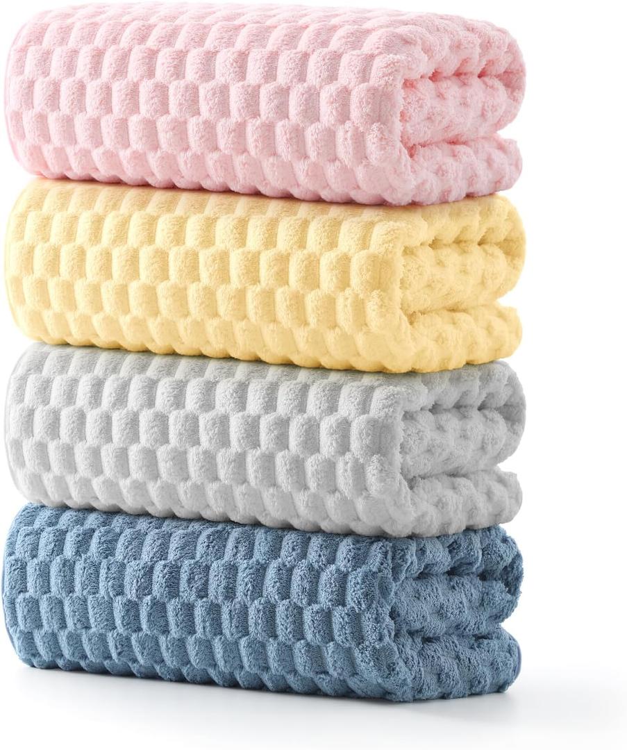 REDKISS 4 Pack Microfiber Bath Towels - Extra Large, Super Absorbent, Quick Dry Waffle Towels Set for Bathroom, Spa, Gym, and Travel - Luxury, Plush, 4 Multicolor (Pink+gray+yellow+blue)