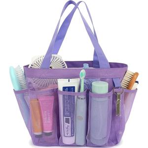 Mesh Shower Caddy Portable for College Dorm Room Essentials, 8-Pocket Large Shower Basket Tote Bag with 2 Handles for Toiletry, Bathroom, Beach, Camp, Gym (Multiple Pockets - Purple)