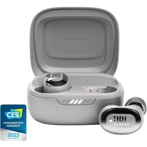 JBL Live Free 2 - True Wireless Noise Cancelling Earbuds, Up to 35hrs of Playtime, 6 mics for Perfect Calls with Zero Noise, IPX5 Waterproof, Oval Tubes for Better Comfort, Isolation, & bass (Silver)