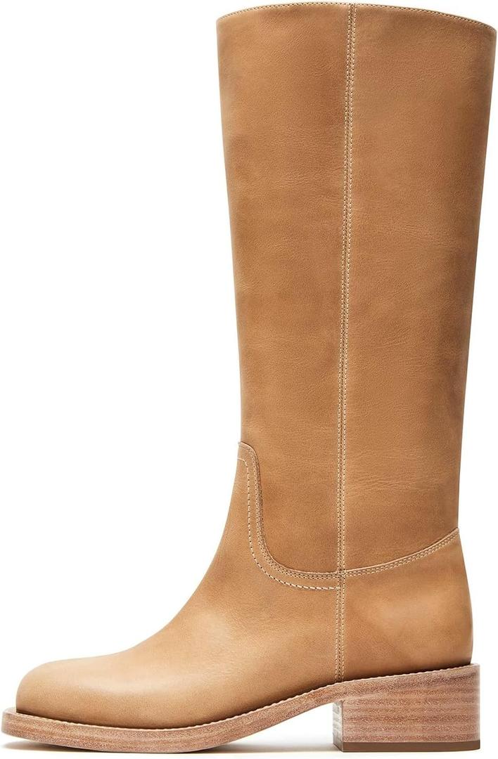 DOEYG Women's Banana Knee High Boots Square Toe Chunky Block Heel Tall Boots Wide Calf Fashion Comfortable Casual Pull on Long Boots (7.5, Tan)