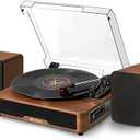 Vangoa Record Player with External Speakers Belt-Drive Turntable for Vinyl Records Dual Stereo Speakers LP Players Support 3 Speed 3 Size Wireless Playback AUX Headphone Input Auto Stop, Brown
