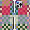 DEENAKIN for iPhone 14 Pro Wallet Case with Card Holder + Cash Clip, RFID-Blocking, Military-Grade Drop Protection & UV-Printed Artwork, Magnetic Closure with Leather Stand - Patchwork Checkerboard