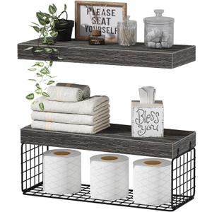 QEEIG Bathroom Shelves Over Toilet - Wall Mounted Floating Shelves Toilet Paper Storage Small Farmhouse Decor Shelf 16 inch Set of 2, Grey (019-GY2)