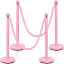 Ferraycle 4 Pcs Stainless Steel Stanchions Post Queue 38 Inch, 5 ft Velvet Rope Carpet Ropes and Pole, Control Barriers for Wedding Birthday Party Decoration Sand Injection Hollow Base Set (Pink)