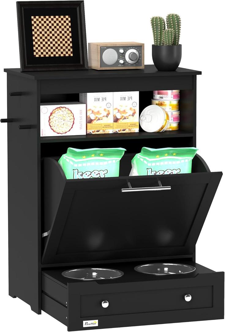 PawHut Dog Feeding Station with Storage, Pet Feeder Cabinet Container with Raised Bowls and Hanger for Feeding & Watering Supplies, Dog Food Organizer, Black