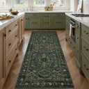 Tangsoo 2x6 Green Washable Runner Rug for Hallways, Non Slip Vintage Runner Rug, Soft Low Pile Long Rug Runner, Print Carpet Runners for Kitchen Bedroom Entryway Bathroom Living Room Olive Green (Dark Blue/Green)