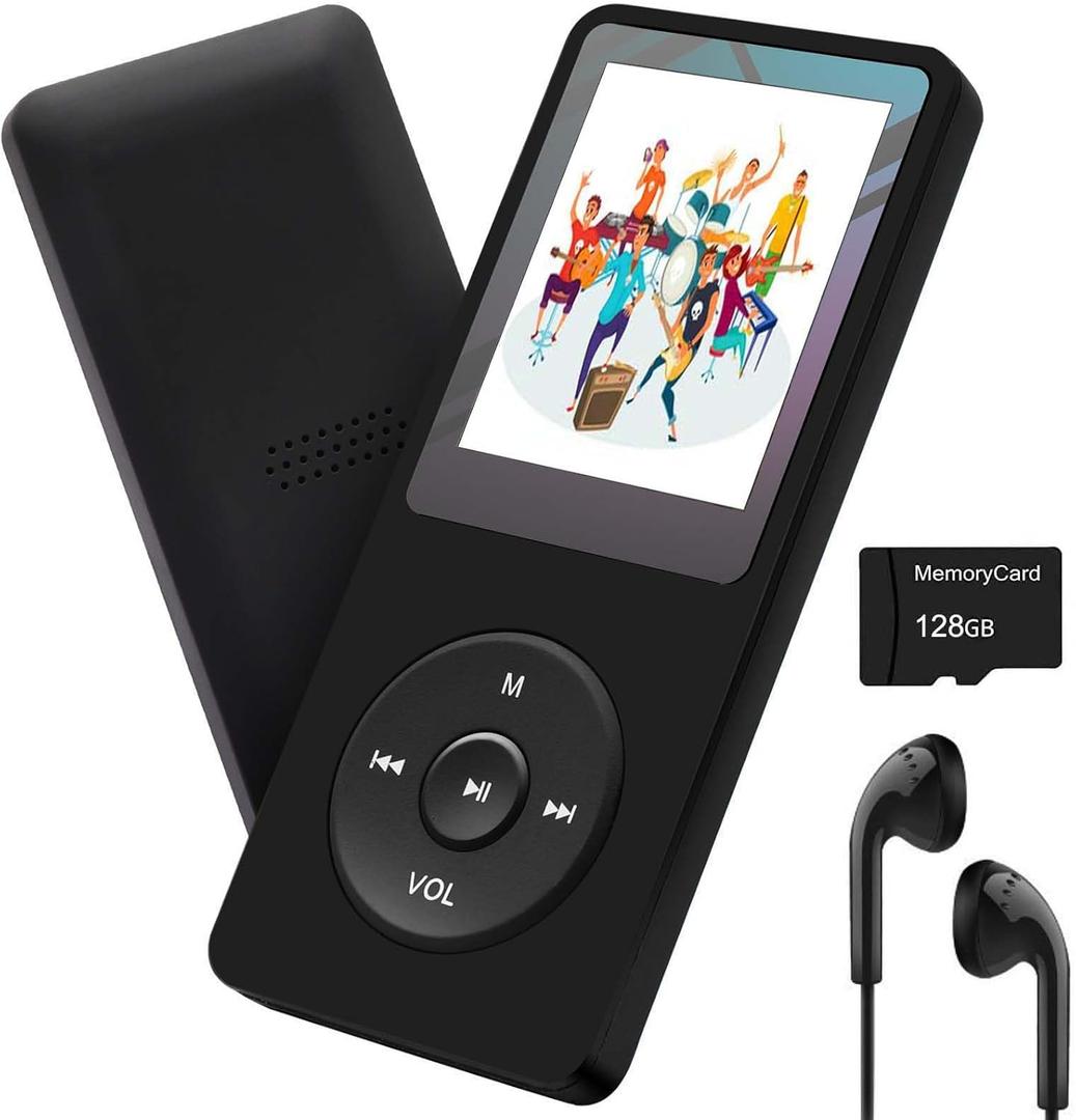 128GB MP3 Player Music Player with Bluetooth 5.2, Built-in Speaker, FM Radio, Voice Recorder, HiFi Sound, E-Book Function, Earphones Included (Black)