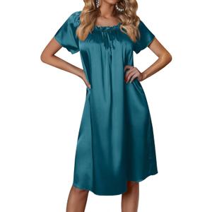 Ekouaer Women's Satin Silk Pleated Nightgown Loose Sleepwear Printed Nightshirt Short Sleeve Sleep Dress (Blue Green), M