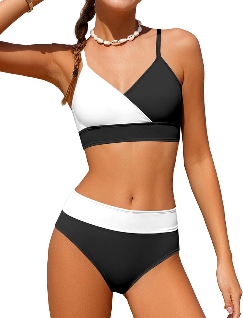ADIFUN Girls Swimsuits Size 10-12 V Neck Adjustable Straps Black Color Block Bikini Set with Cover Up Skirts 3 Piece Teen Girl Bathing Suits Size 10-12