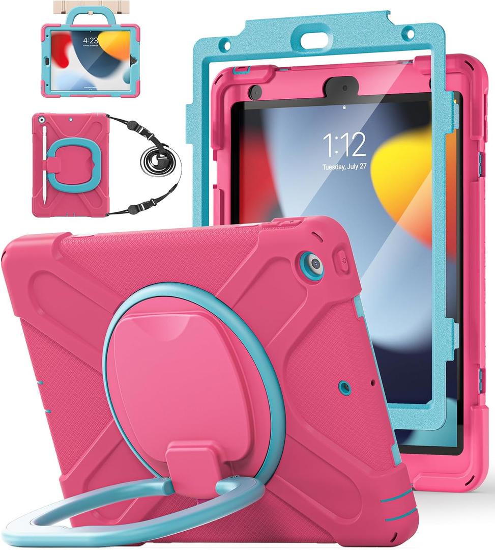 BATYUE for iPad 9th/ 8th/ 7th Generation Case (iPad 10.2 inch Rugged Case 2021/2020/2019) with Screen Protector, Rotating Stand/Pencil Holder/Carrying Shoulder Strap (Rose Red+Blue)