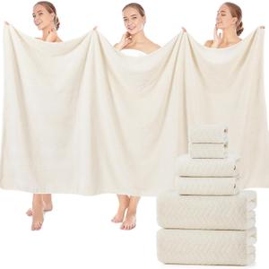 Set of 6 Extra Large Bath Towel 40 x 80 Inches Oversized Bath Sheet with 2 Shower Towels 2 Hand Towels 2 Washcloths for Adults Bathroom Spa Gym Quick Dry(Chevron Design,Cream)