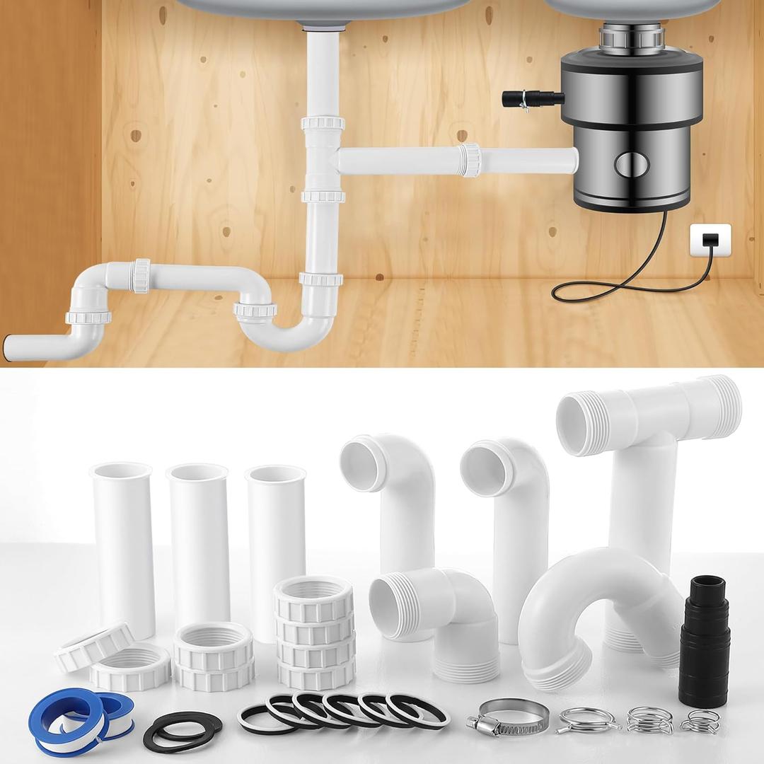 Saillong 27 Pcs Garbage Disposal Installation Kit Complete Kitchen Sink Drain Pipe Kit for Double Bowl Sink, 1-1/2" Plumbing, Simple Install, Leak Proof (Set A)