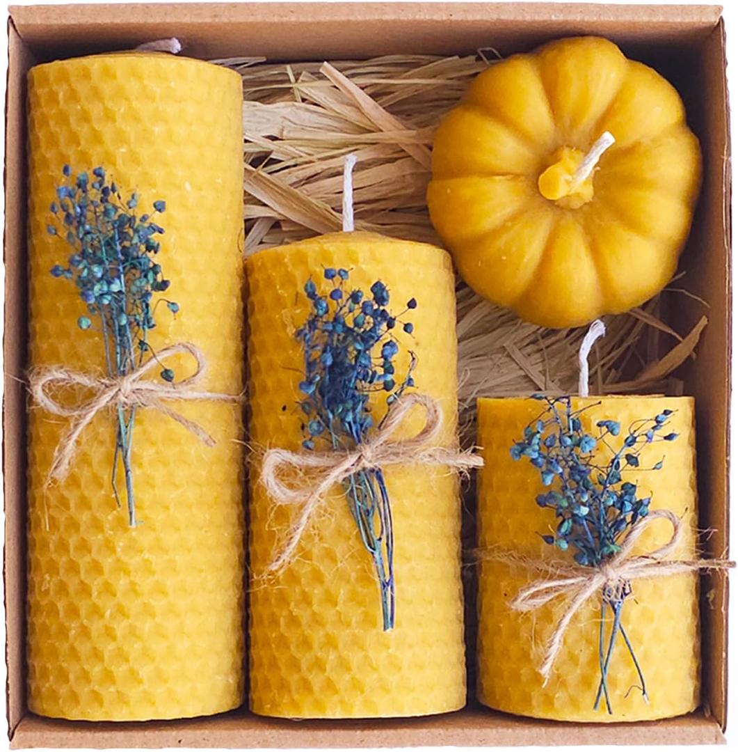 Beeswax Candle Gift Set  4 Natural Candles with Blue Dried Flowers & Pumpkin Box  Handmade Decorative Candles for Holidays, Birthdays & Special Occasions