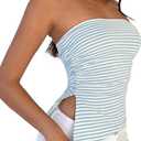 Cioatin Women Y2K Strapless Striped Asymmetric Bandeau Tube Top Sleeveless Slim Fit Slit Summer Going Out Crop Tank Aesthetic Blue (Blue, L)
