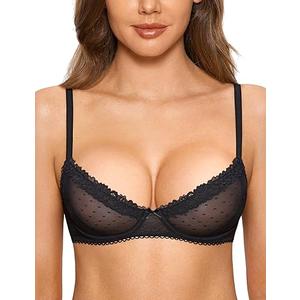 DOBREVA Women's Balconette Lace Bra See Through Demi Sheer Mesh Plus Size Underwire (Black,38DD)