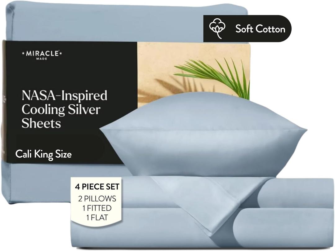 Miracle Made Luxe Soft Cotton Bed Sheet Set, 4-Piece Silver-Infused Cooling Fabric  Lightweight, Hypoallergenic Bedding for Hot Sleepers, California King Size, Sky Blue