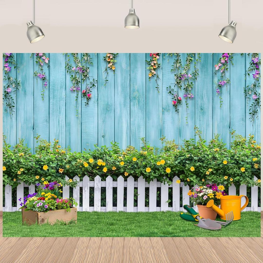 Spring Backdrop Natural Scenery Garden Backdrop for Birthday Wedding Bridal Shower Party Decor Happy Spring Banner Party Decorations White Fence Flowers 8x6ft（Polyester）