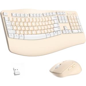Ergonomic Wireless Keyboard and Mouse Combo, Wave Keys Keyboard with Wrist Rest for Natural Typing, 3 DPI Adjustable Ergonomic Silent Mouse for Computer/Laptop/Windows/Mac (Latte Color-A)