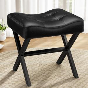 Memobarco 18-Inch Large Leather Vanity Stool, Vanity Chair with Metal X-Leg, Ottoman Accent Stool with Thick Padded Saddle Seat, Black