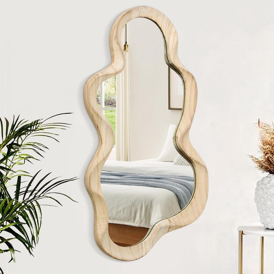 Asymmetrical Mirror for Wall Decor Large Modern Wooden Framed Wall Mirror Unique Shape Wall Mounted Vanity Artistic Wavy Mirror Decorative for Living Room Bedroom Bathroom Entryway Natural (47"L x 22"W)