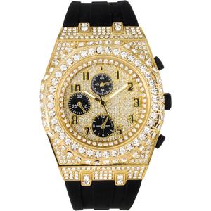 Men's 43mm Iced Out Octagonal Case Silicone Band Watch (GOLD-BLACK)