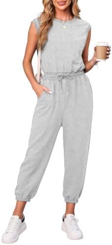 Flygo Women's Sleeveless Cropped Jumpsuit with Side Pockets | Stretchy Cotton Blend Fabric, Open Back Snap Design, Drawstring Waist, Jogger Pants with Pockets, Casual Daily Wear S
