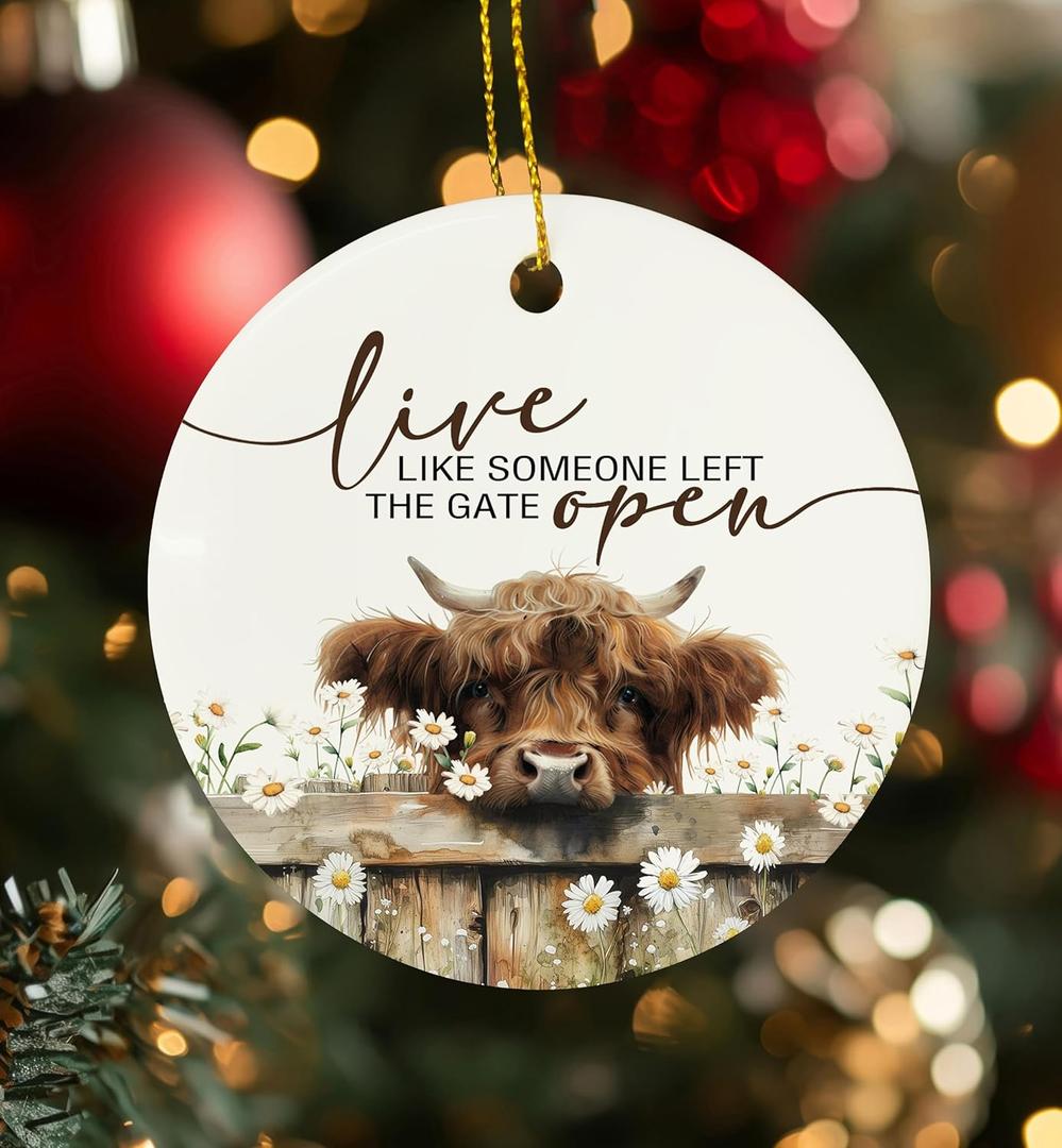 Highland Cow Ornaments, Rustic Farmhouse Highland Cow Hanging Ornaments for Christmas Tree Party Holiday Decorations, Live Like Someone Left The Gate Open Wildflower Ceramic Ornament Decor