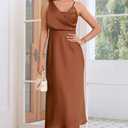Women's Summer Satin Dress Elegant Cowl Neck Adjustable Spaghetti Strap Wedding Guest Cocktail Party Maxi Dresses (Brown, S)
