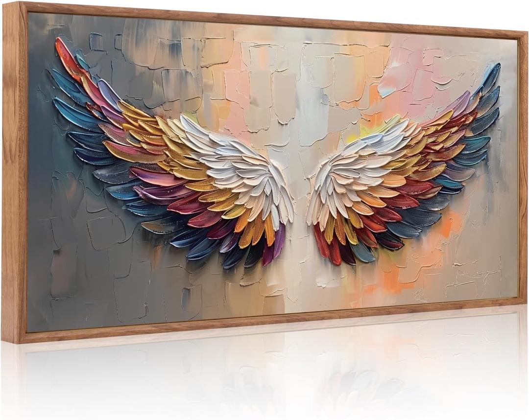 Aurlan Angel Wings Framed Wall Decor(40"x20"), Large Abstract Colorful Feather Oil Painting Canvas Artwork, Modern Contemporary Inspirational Wall Art for Living Room Bedroom