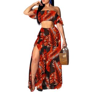 Sexy Two Piece Sets for Women Vacation Elegant Sleeveless Top Long Split Maxi Dress Beach Swimwear (Small, Orange/Leaf)