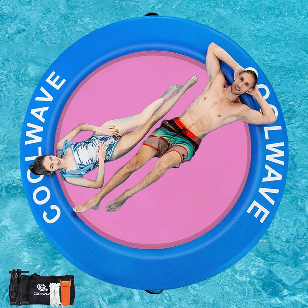 COOLWAVE Inflatable Water Hammock Floating Dock, Inflatable Raft for Family and Friends, Round Floating Ring for Parties, Water Float with Cup Holders for Pool and Lake 8FT