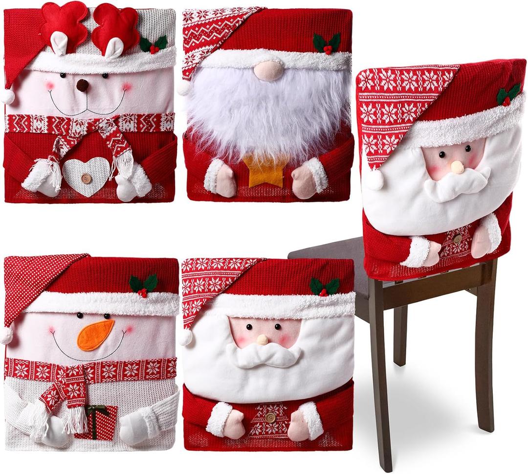 HunnmingRe 4 Pcs Christmas Chair Back Cover Santa Claus Snowman Xmas Dinner Chairs Cover Hat Covers Xmas Chair Slipcover for Dining Room Kitchen Hotel Holiday Party Decor(Classic)