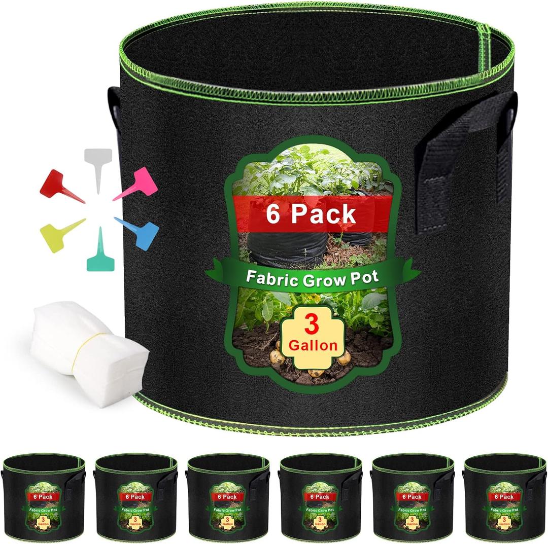 3 Gallon Grow Bags 6 Pack - Thickened Nonwoven Aeration Planter Bags with Handles, Plant Tags & Seedling Bags, Chili Vegetable Gardening Fabric Pots