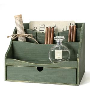 Rebee Vision Pine Wood Mail Organizer for Desk - Charming Farmhouse Mail Holder Organization with Drawer & Dividers - 4-Slot for File & Jewelry Sorter, Mail Organizer Countertop for Home Decor(Green)