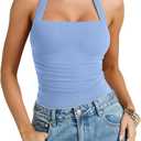 PINKMSTYLE Halter Square Neck Bodysuits for Women Mesh Sleeveless Thong Body Suits Tank Tops Double Lined Fitted Top