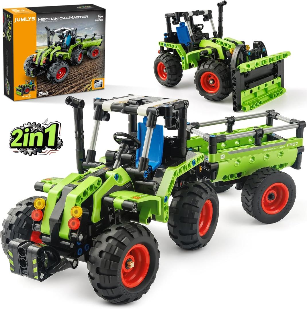 Jumlys STEM Building Toy for Kids Boys Girls Age 5, 6, 7, 8, 9, 10, 11, 12 Years Old, 2 in 1 Tractor Bulldozer Building Sets, 346 Pcs DIY Engineering Construction Building Blocks Kits