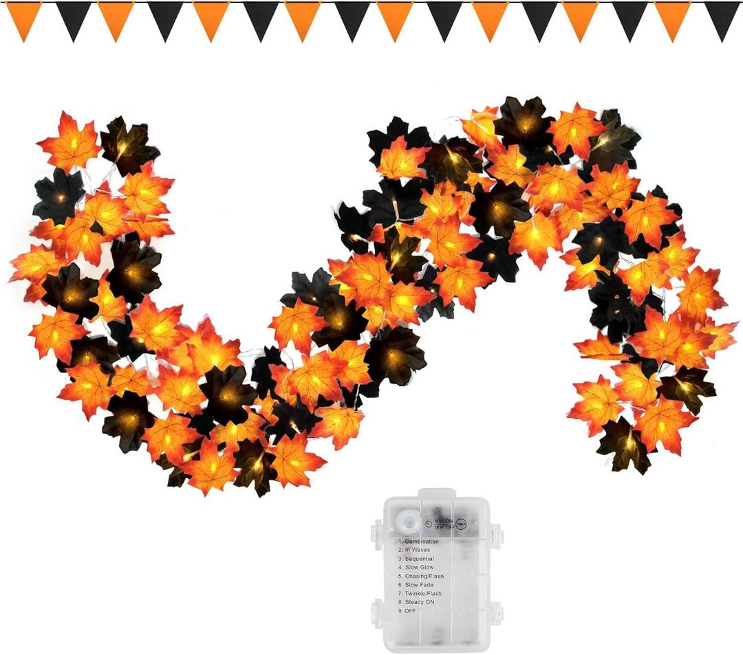 50 LED 16.4Ft Halloween Decorations Fall Garland String Lights with Timer, Lighted Black Maple Leaves Garlands Decor with Banner, Fall Lights for Home Party Indoor Mantle