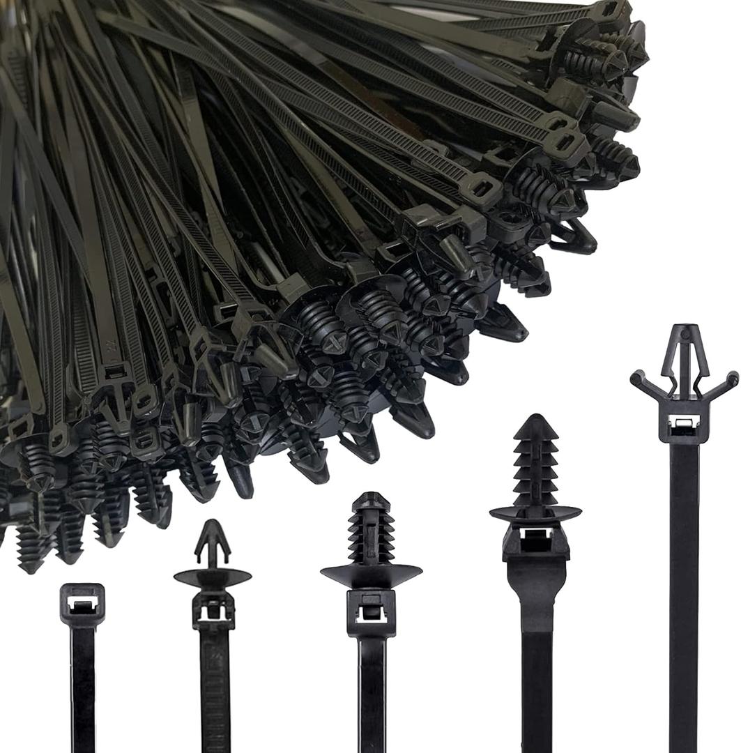 160Pcs Universal Nylon Push Mount Cable Zip Tie, Self Locking Cable Strap,Heavy Duty Nylon Push Mount Self Locking UV Resistant,5 Most Popular Sizes,for Indoor Wire Tying Construction Auto ect (Black)