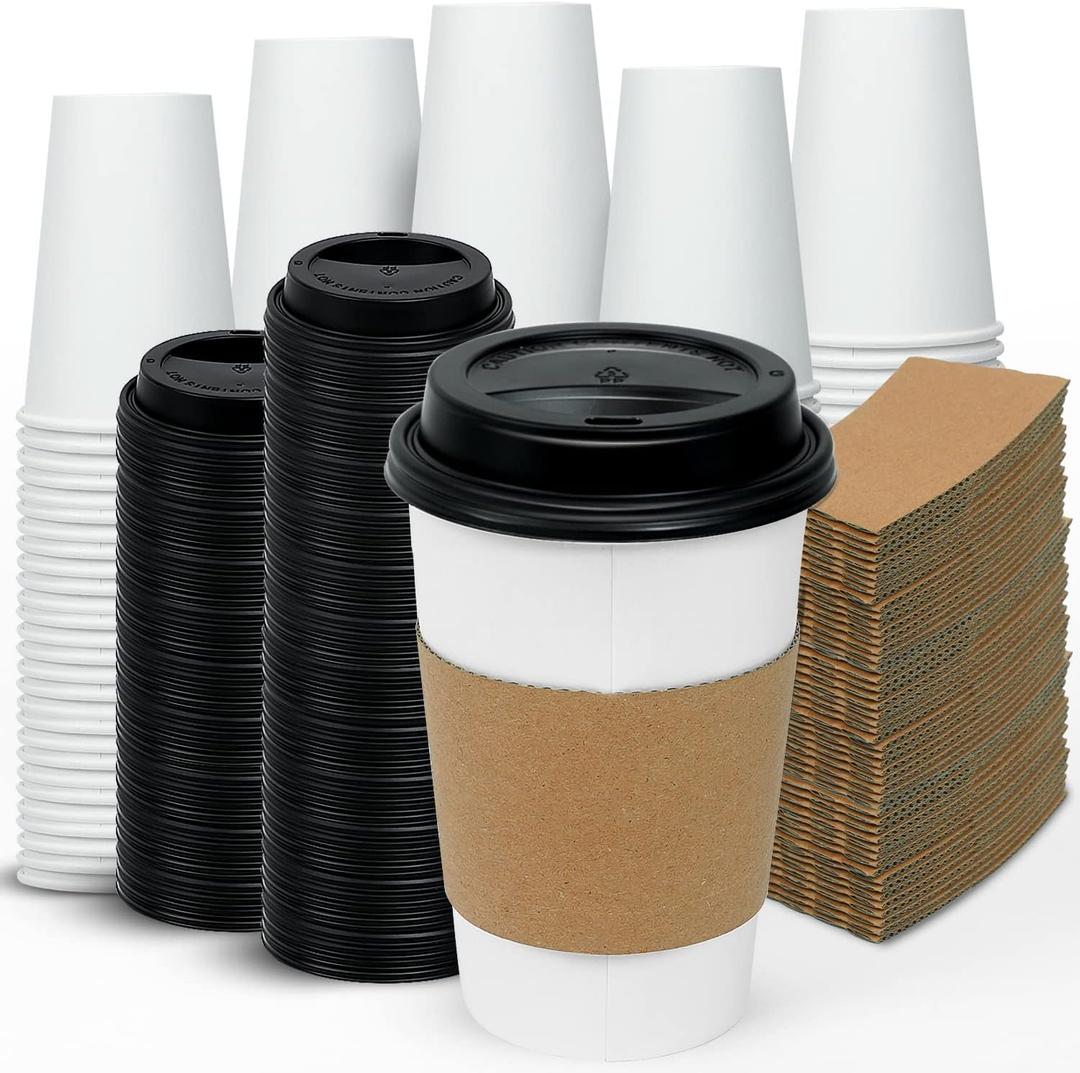 Ginkgo [100 Pack 16 oz Disposable Coffee Cups with Lids and Sleeves - To Go Coffee Cups for Hot Drinks, Chocolate, Cocoa and Coffee Bar