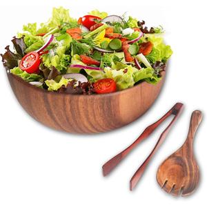 Salad Bowls, Wooden Salad Bowls Set, Large Acacia Wood Serving Bowl for Soup FruitsPopcornBig Salad Bowl with Serving UtensilsIncludes a Spoon And a Pair Of Tongs.