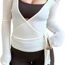 Women Wrap Tie Top Y2k Long SLeeve Ballet Workout Yoga Shirt Coquette Blouses (Medium, White)