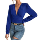 SURRO Women's Bodysuit Shirts Elegant Deep V Neck Leotard Blouses Long Sleeve Belly Hiding Tops Hook Closure (Blue, S)