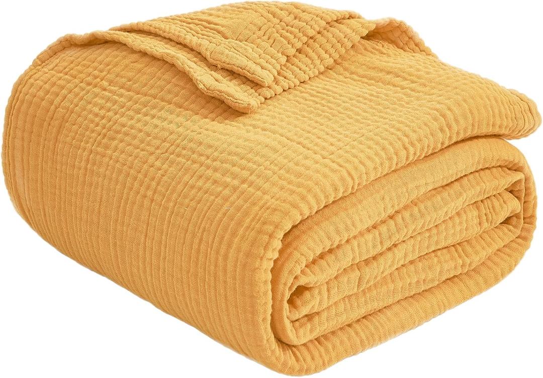 EMME Cotton Muslin King Blanket Bed Layering Bedspread Coverlet Breathable Gauze Soft Lightweight (Heather Yellow, 108"x90")