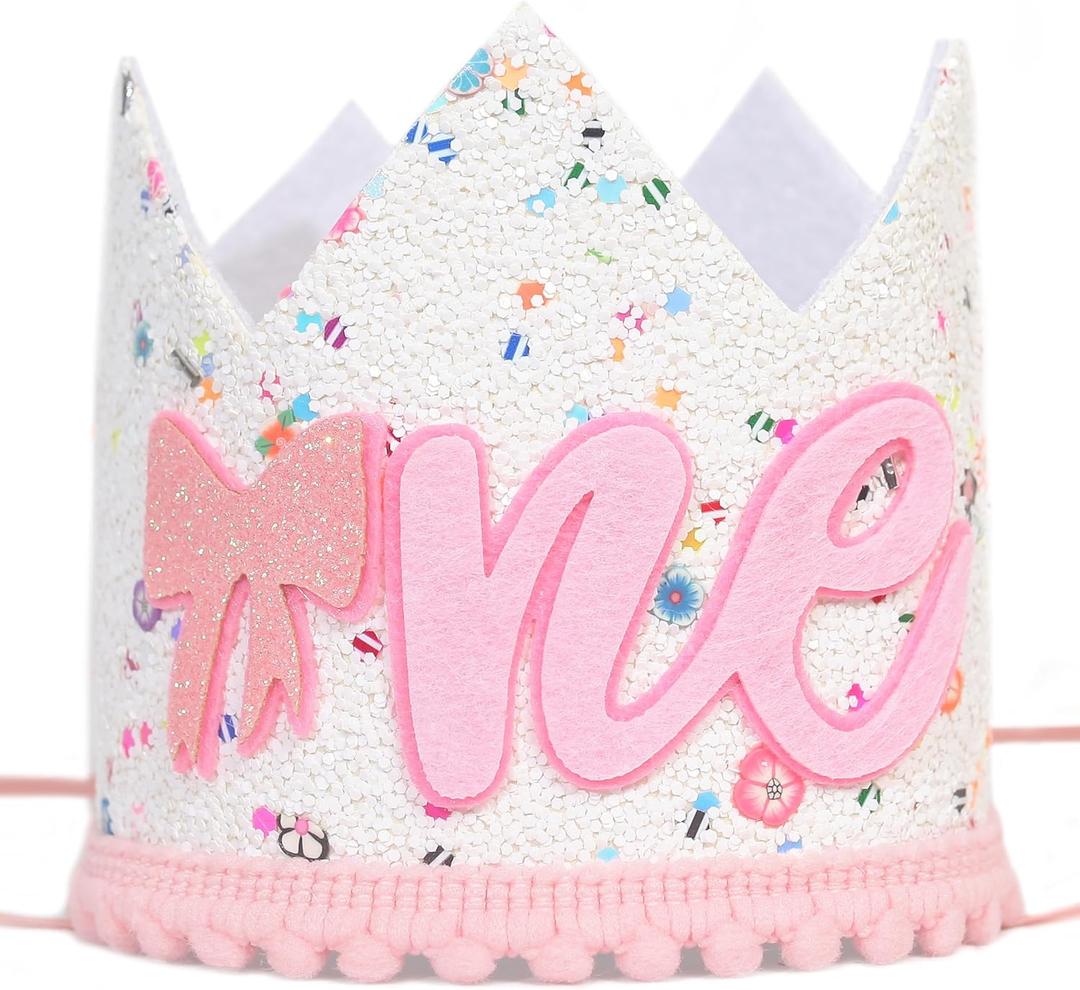 First Birthday Crown for Baby Girl, Pink and White Glitter Crown with Bow, Party Headband