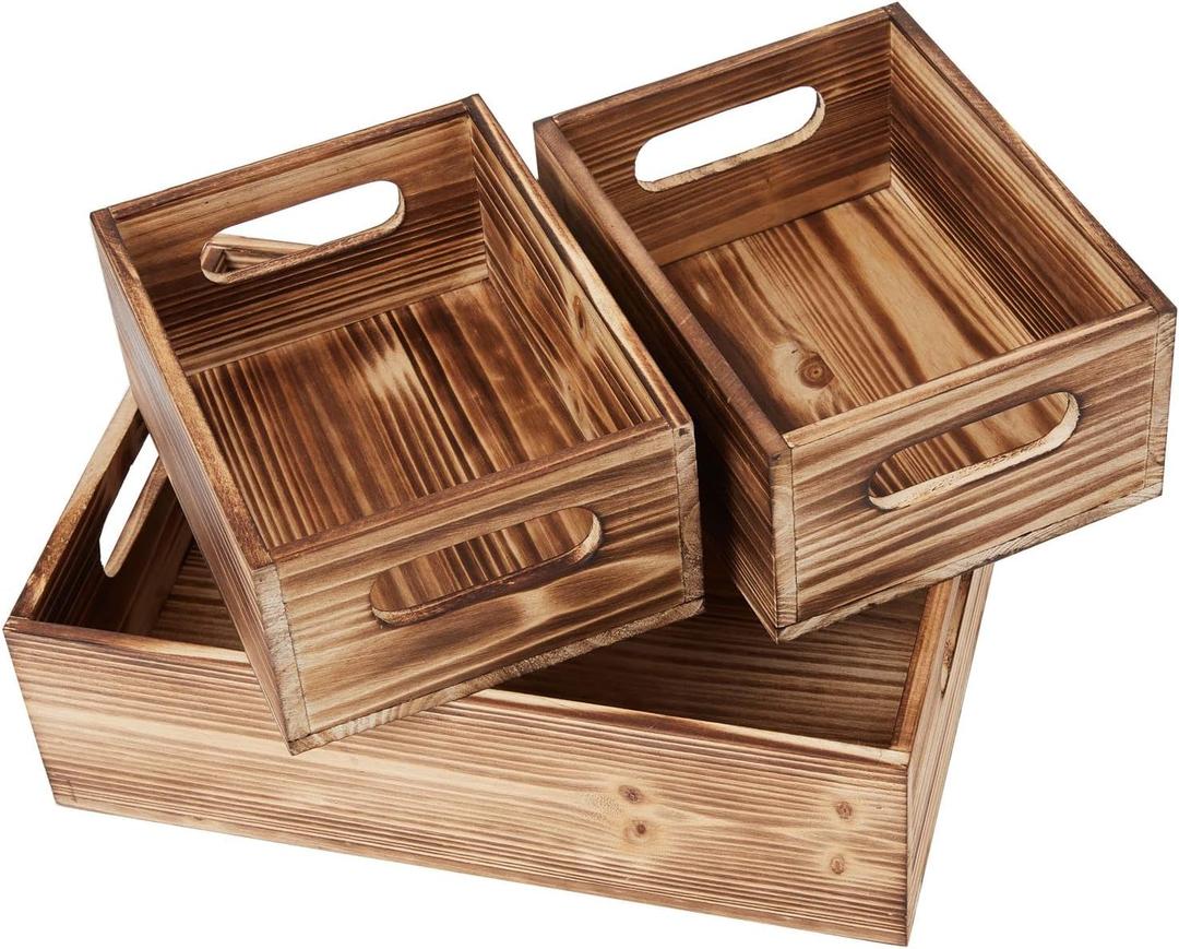 PHOENANCEE Wooden Crate Stackable Decorative Wood Crates set of 3 for Storage Display Rustic Nesting Box Basket Home Decoration Boxes Container Bin with Handles Farmhouse Decor,Solid Pine,Size: 3Pack(L+2S)