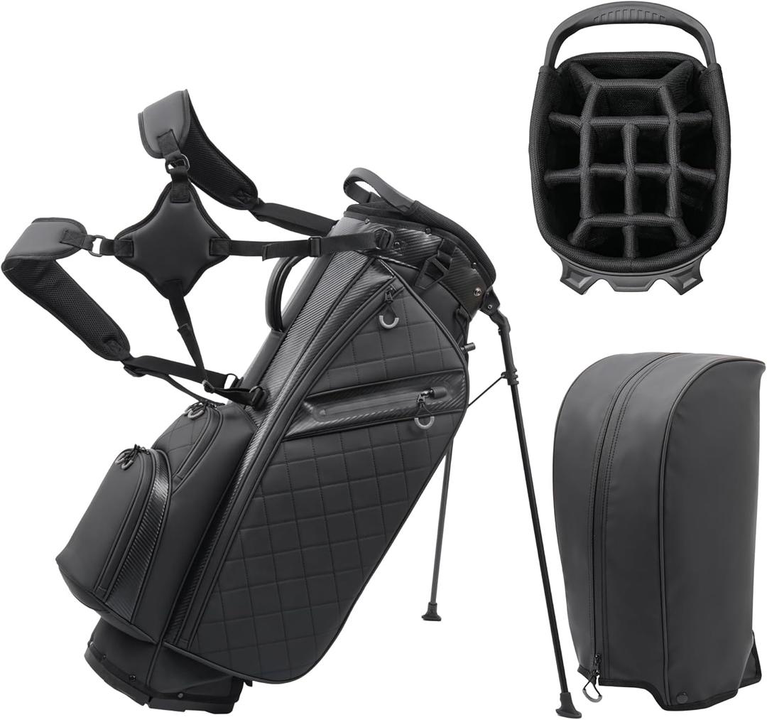 Golf Stand Bag with 14 Way Full Length Dividers Premium PU Leather | Luxury ,Lightweight Waterproof, 6 Pockets & Cooler Pouch, Adjustable Dual Straps, 2 Rain Cover Hood, for men women